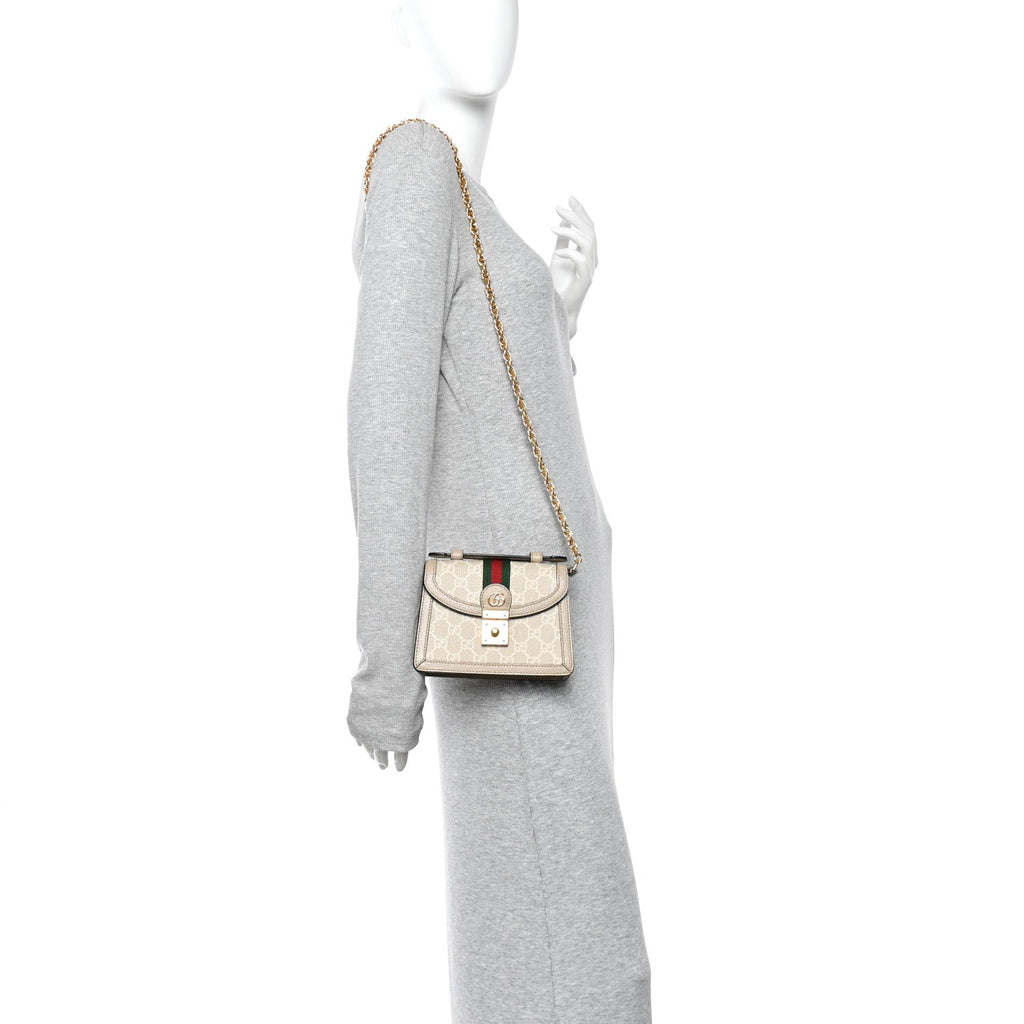 GG Supreme Monogram Textured Dollar Calfskin Web Mini Ophidia Padlock Top Handle Chain Shoulder Bag Beige Mystic White Oatmeal
