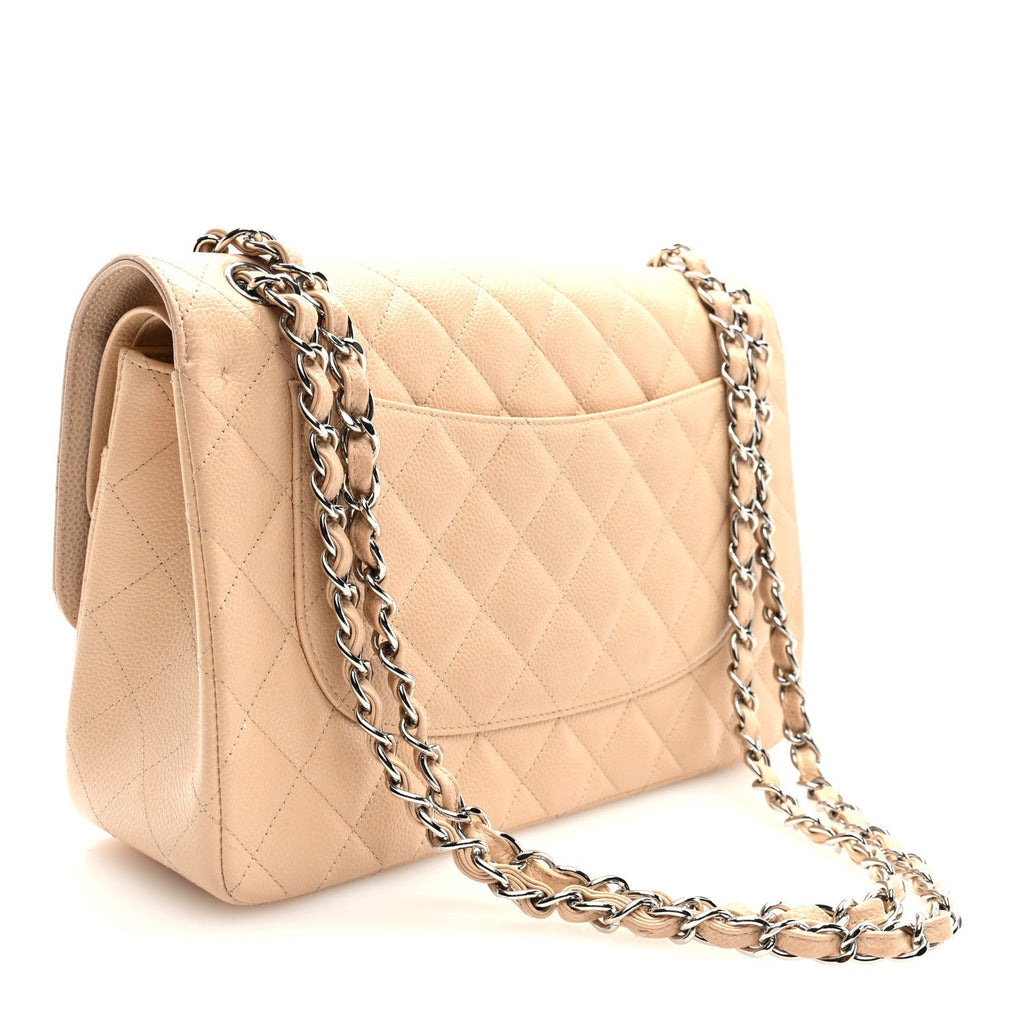 Caviar Quilted Jumbo Double Flap Beige