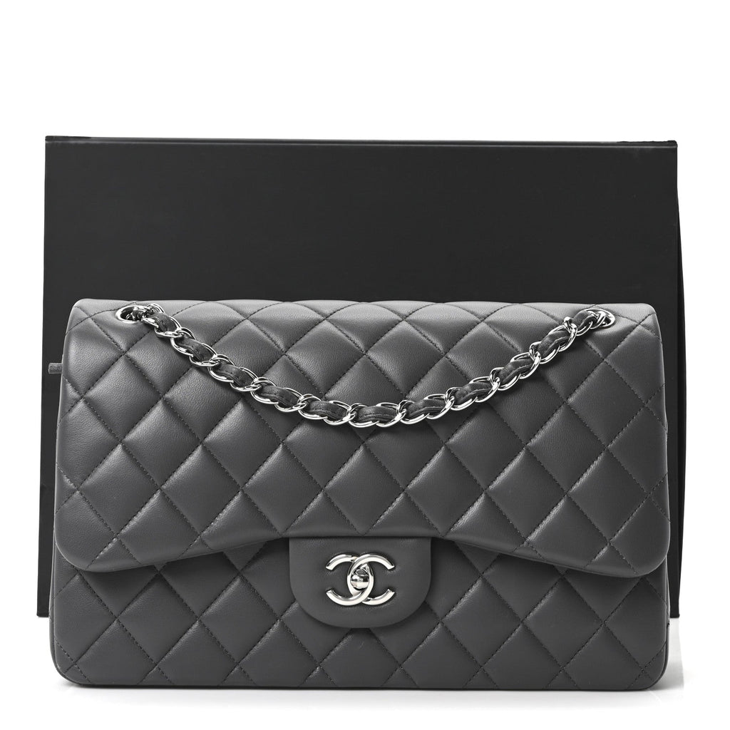 Lambskin Quilted Jumbo Double Flap Dark Grey