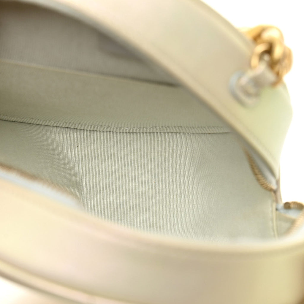 Iridescent Calfskin Quilted Chanel 19 Round Clutch With Chain White