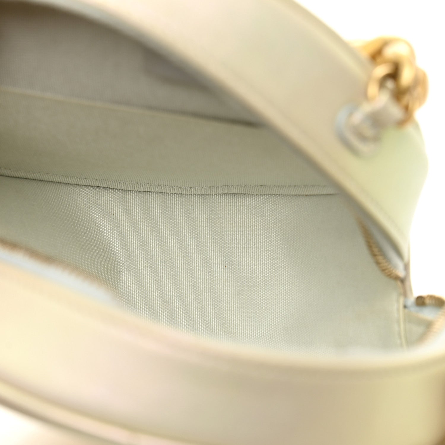 Iridescent Calfskin Quilted Chanel 19 Round Clutch With Chain White
