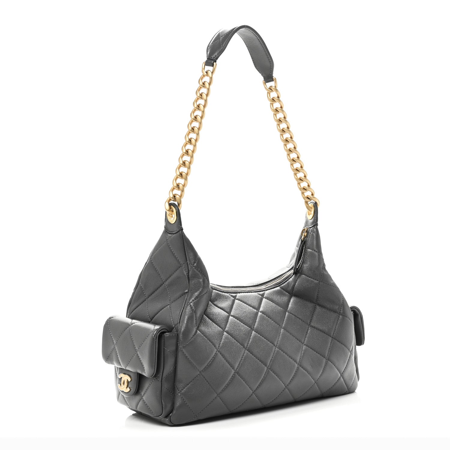 Shiny Lambskin Quilted Large Trendy Pockets Hobo Grey
