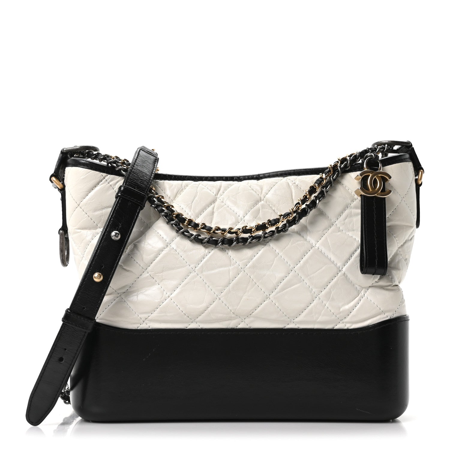 Aged Calfskin Quilted Medium Gabrielle Hobo Black White