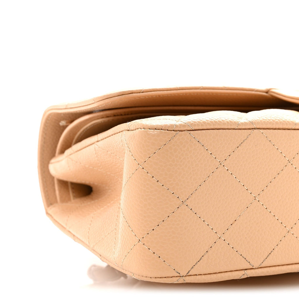 Caviar Quilted Medium Double Flap Beige