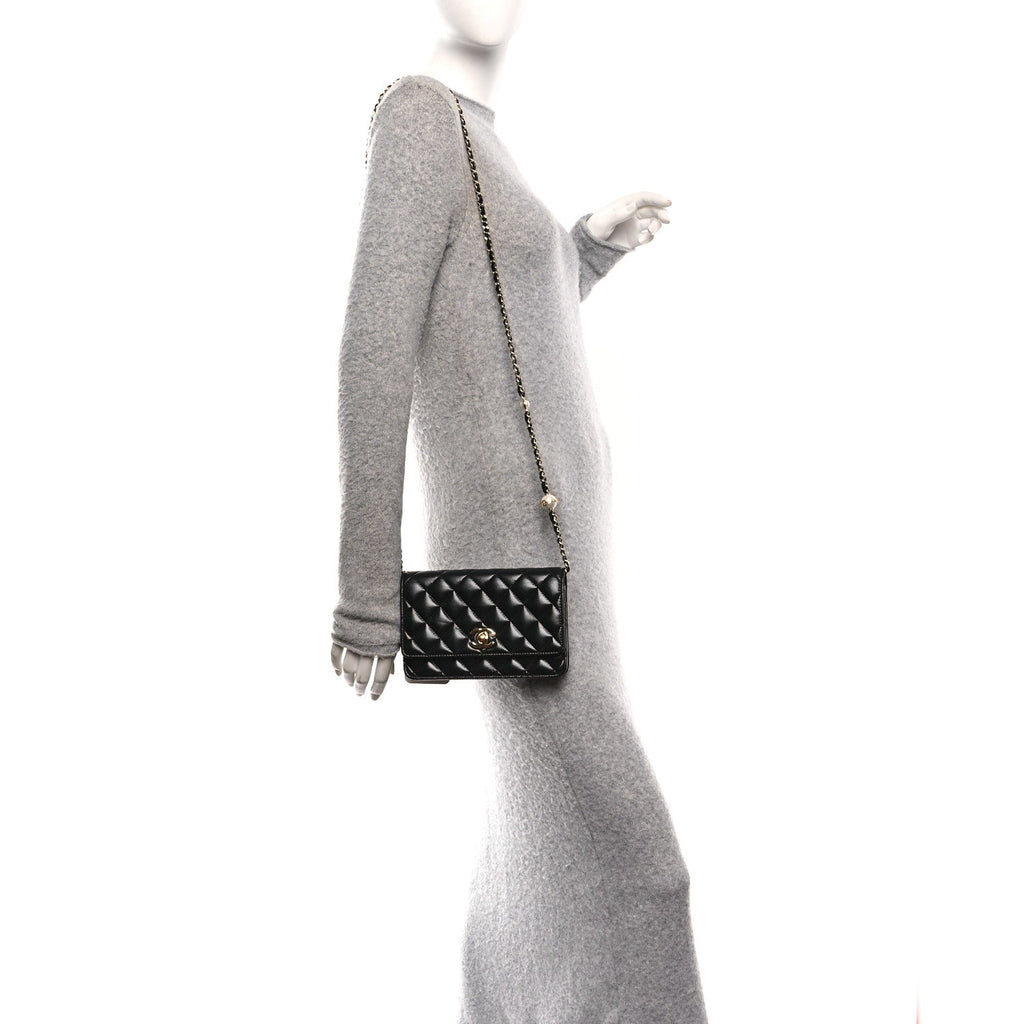 Shiny Lambskin Quilted CC Pearl Wallet on Chain WOC Black