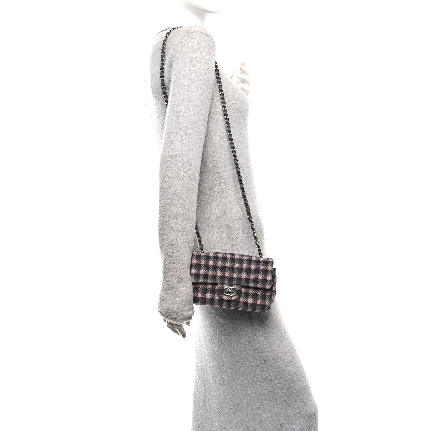 Wool Plaid Quilted Mini Rectangular Flap Pink Grey Multicolor