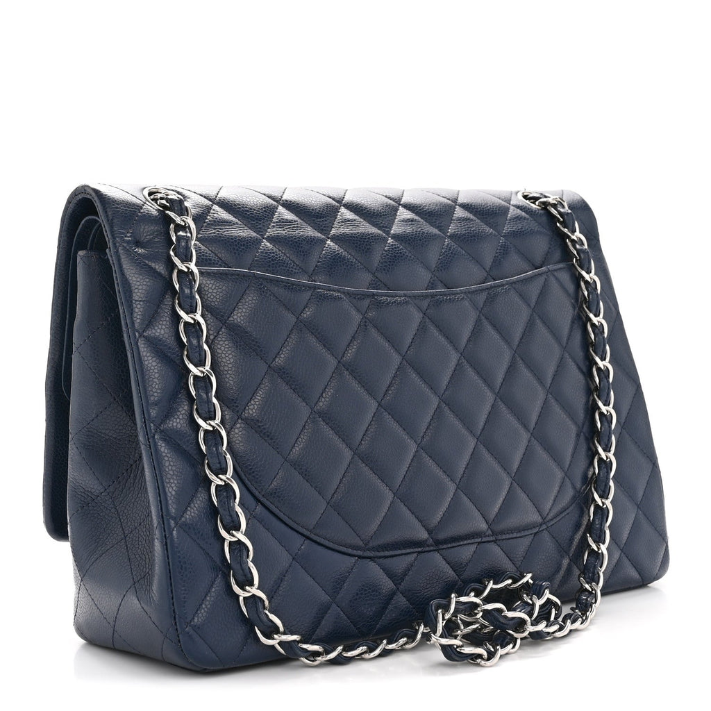 Caviar Quilted Maxi Double Flap Navy Blue