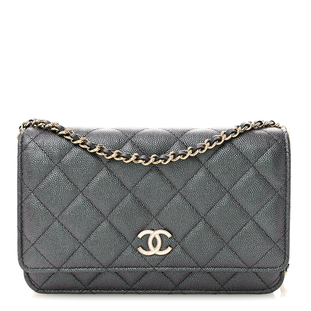 Iridescent Caviar Quilted Wallet On Chain WOC Green