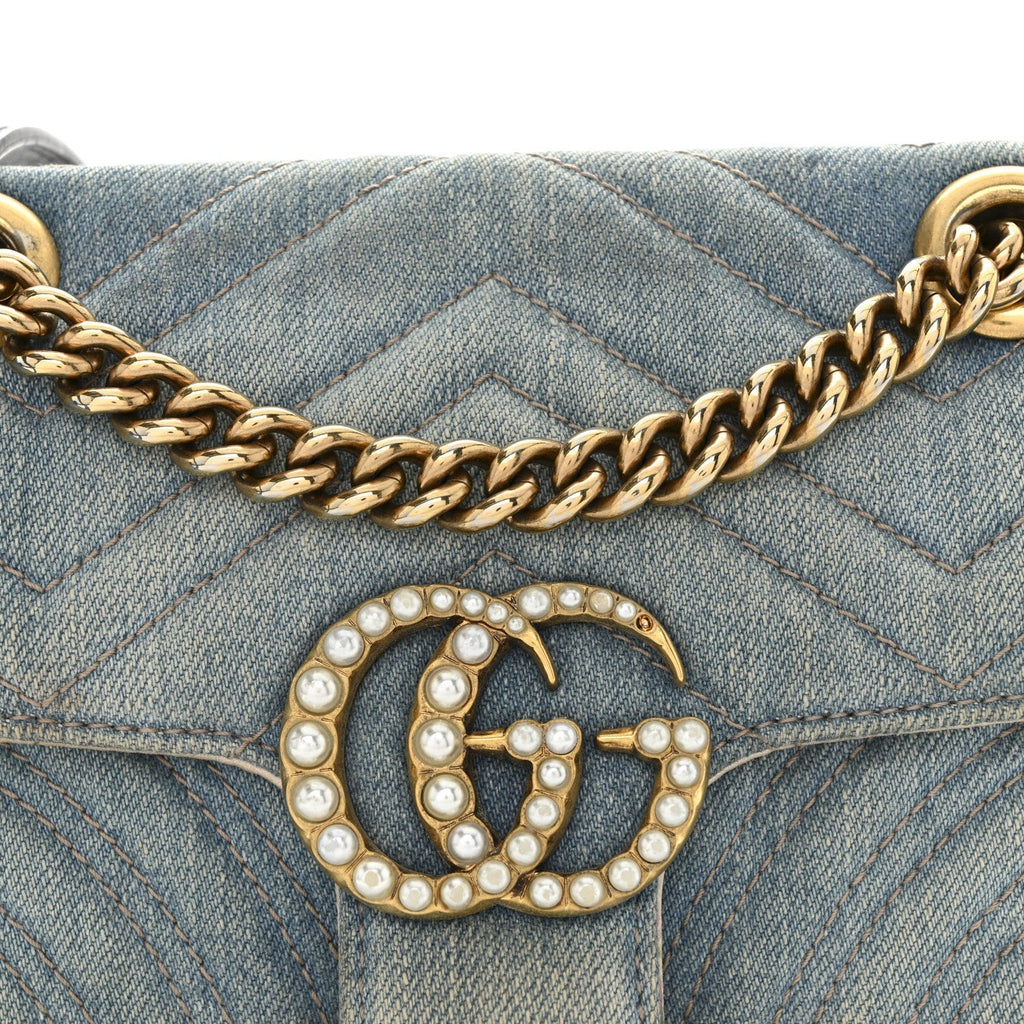 Denim Matelasse Mini Pearly GG Marmont Shoulder Bag Blue