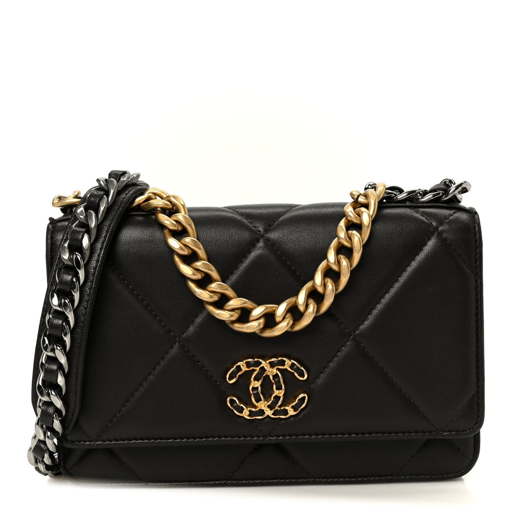 Lambskin Quilted Chanel 19 Wallet On Chain WOC Dark Brown