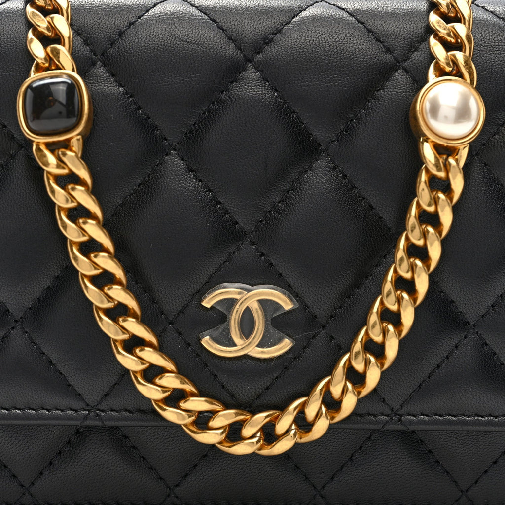Lambskin Quilted CC Pearl Enamel Clutch on Chain WOC Black