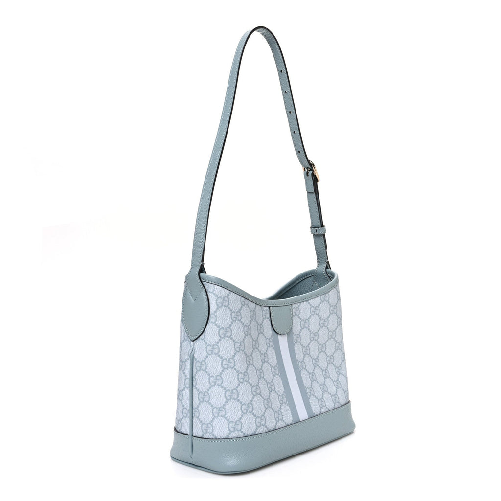 GG Supreme Monogram Textured Dollar Calfskin Web Small Ophidia Bucket Shoulder Bag Dusty Blue