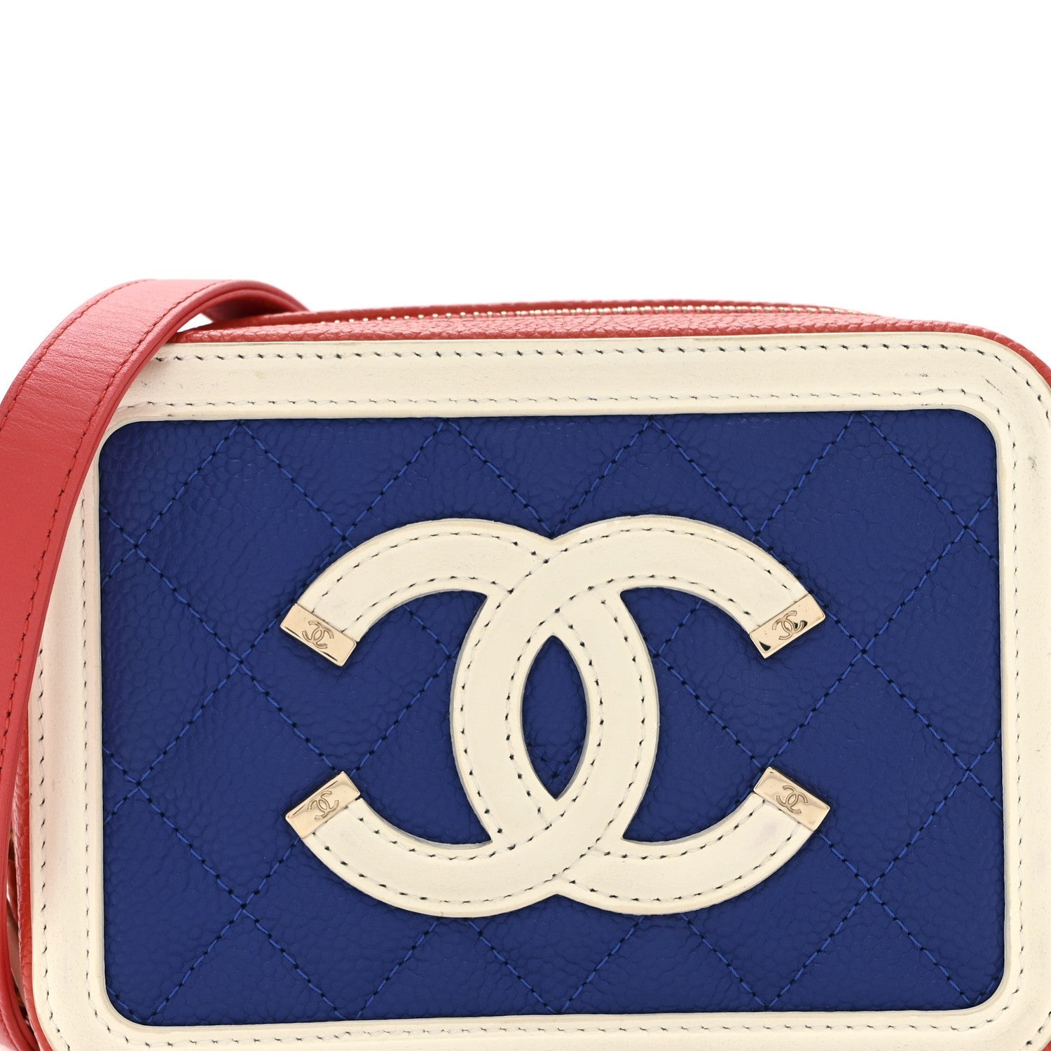 Caviar Quilted Filigree Vanity Clutch With Chain Blue White Red