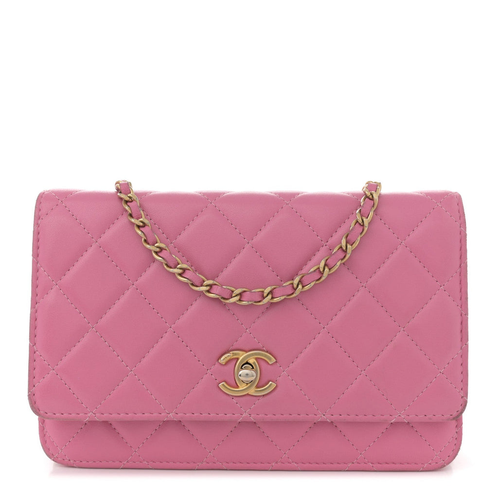 Lambskin Quilted CC Pearl Crush Wallet on Chain WOC Pink