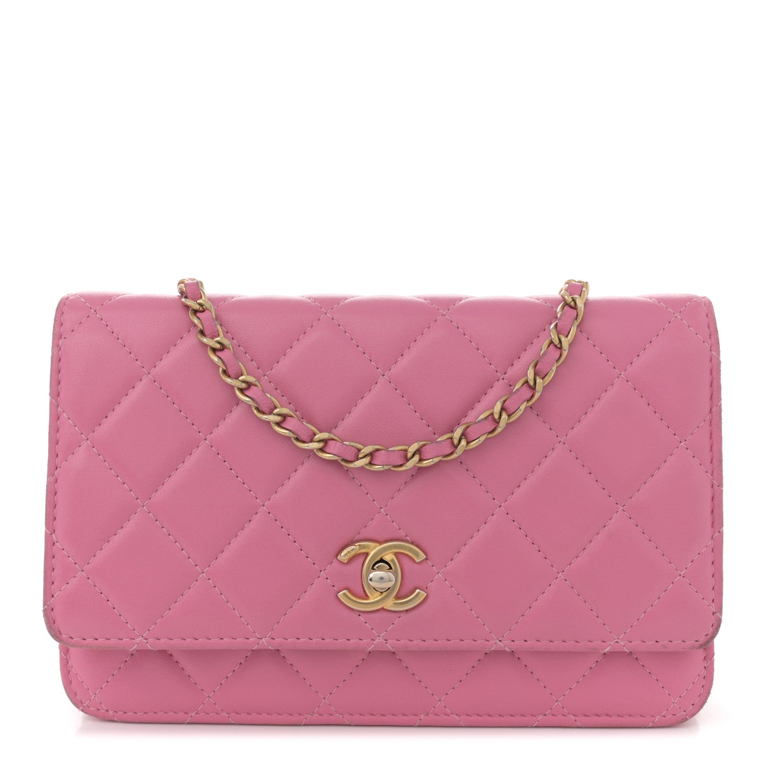 Lambskin Quilted CC Pearl Crush Wallet on Chain WOC Pink