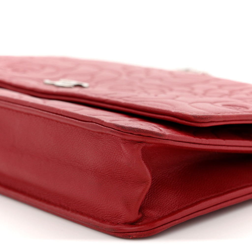 Lambskin Camellia Embossed Wallet On Chain WOC Red