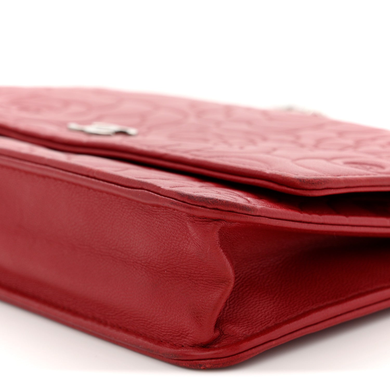Lambskin Camellia Embossed Wallet On Chain WOC Red