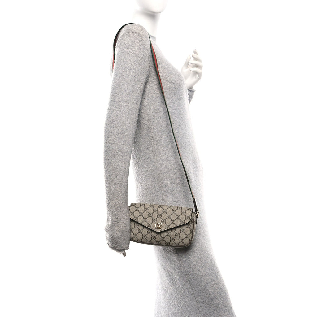 GG Supreme Monogram Textured Dollar Calfskin Web Mini Ophidia Envelope Shoulder Bag Beige Ebony New Acero