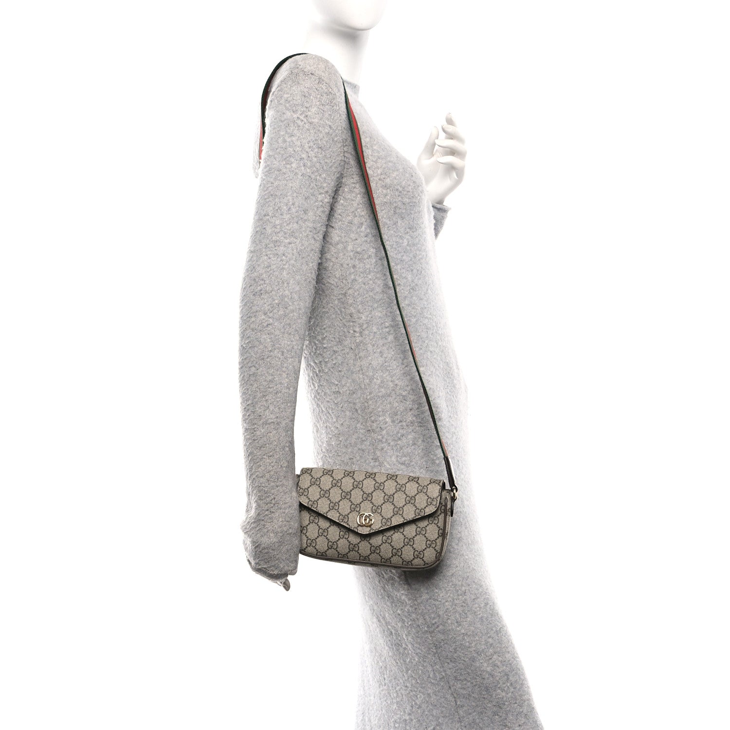 GG Supreme Monogram Textured Dollar Calfskin Web Mini Ophidia Envelope Shoulder Bag Beige Ebony New Acero