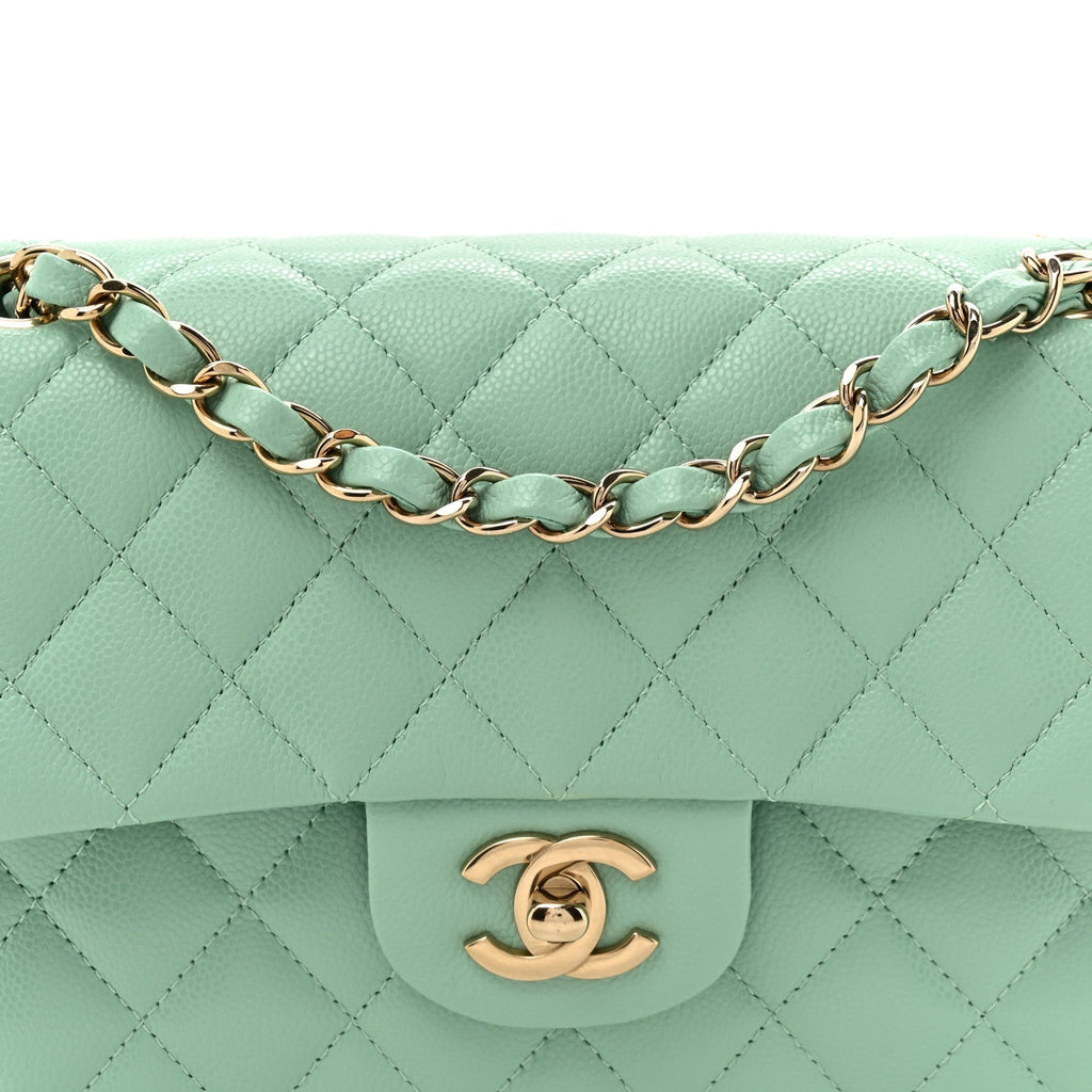 Caviar Quilted Small Double Flap Light Green