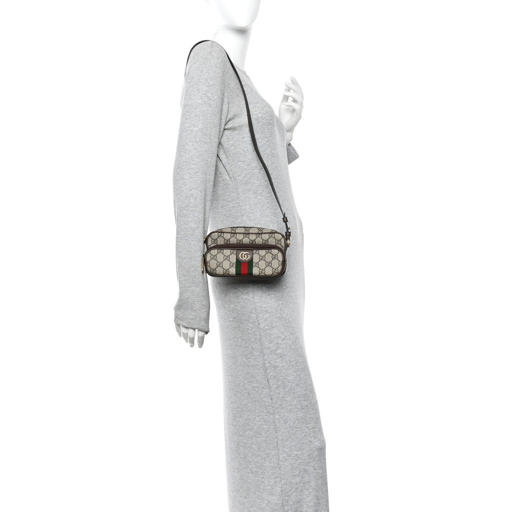 GG Supreme Monogram Textured Dollar Calfskin Web Mini Ophidia Convertible Shoulder Bag Beige Ebony New Acero