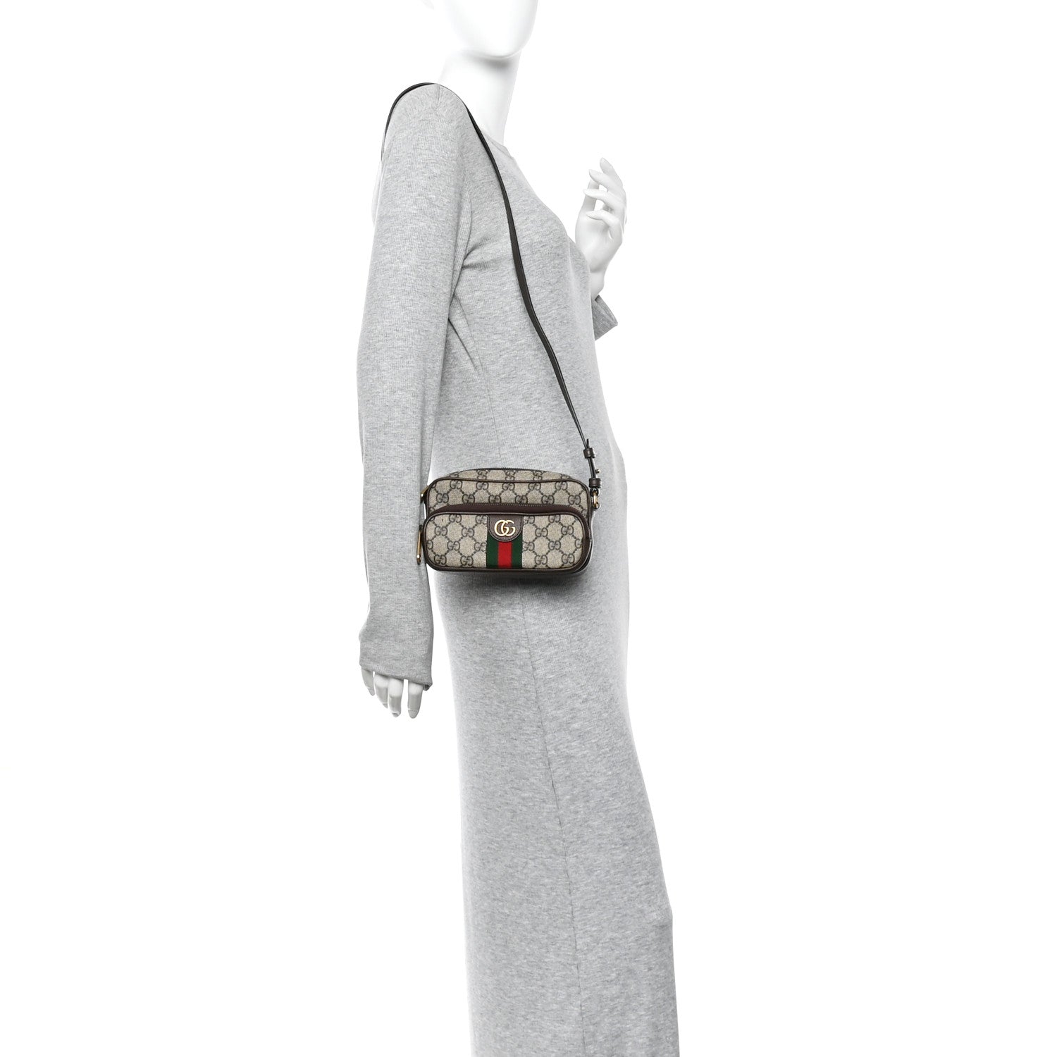 GG Supreme Monogram Textured Dollar Calfskin Web Mini Ophidia Convertible Shoulder Bag Beige Ebony New Acero
