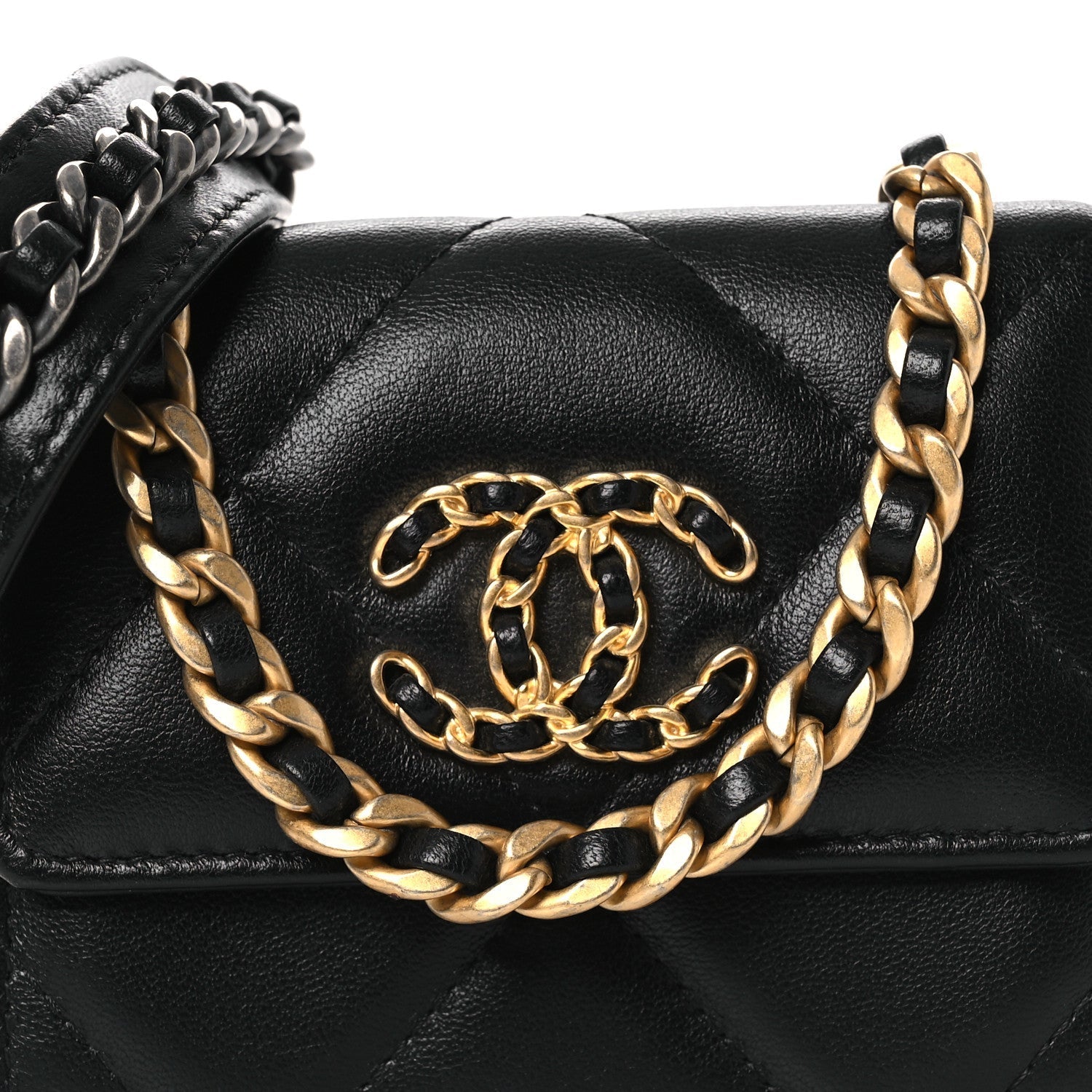 Lambskin Quilted Chanel 19 Flap Coin Purse With Chain Black
