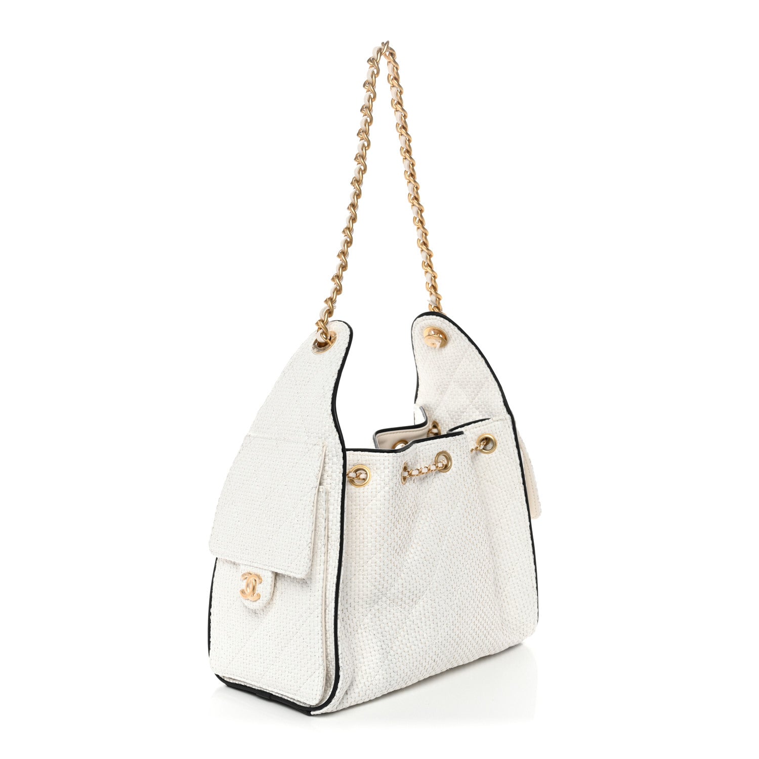 Braided Raffia Calfskin Quilted Small Chanel 25 Handbag White Black