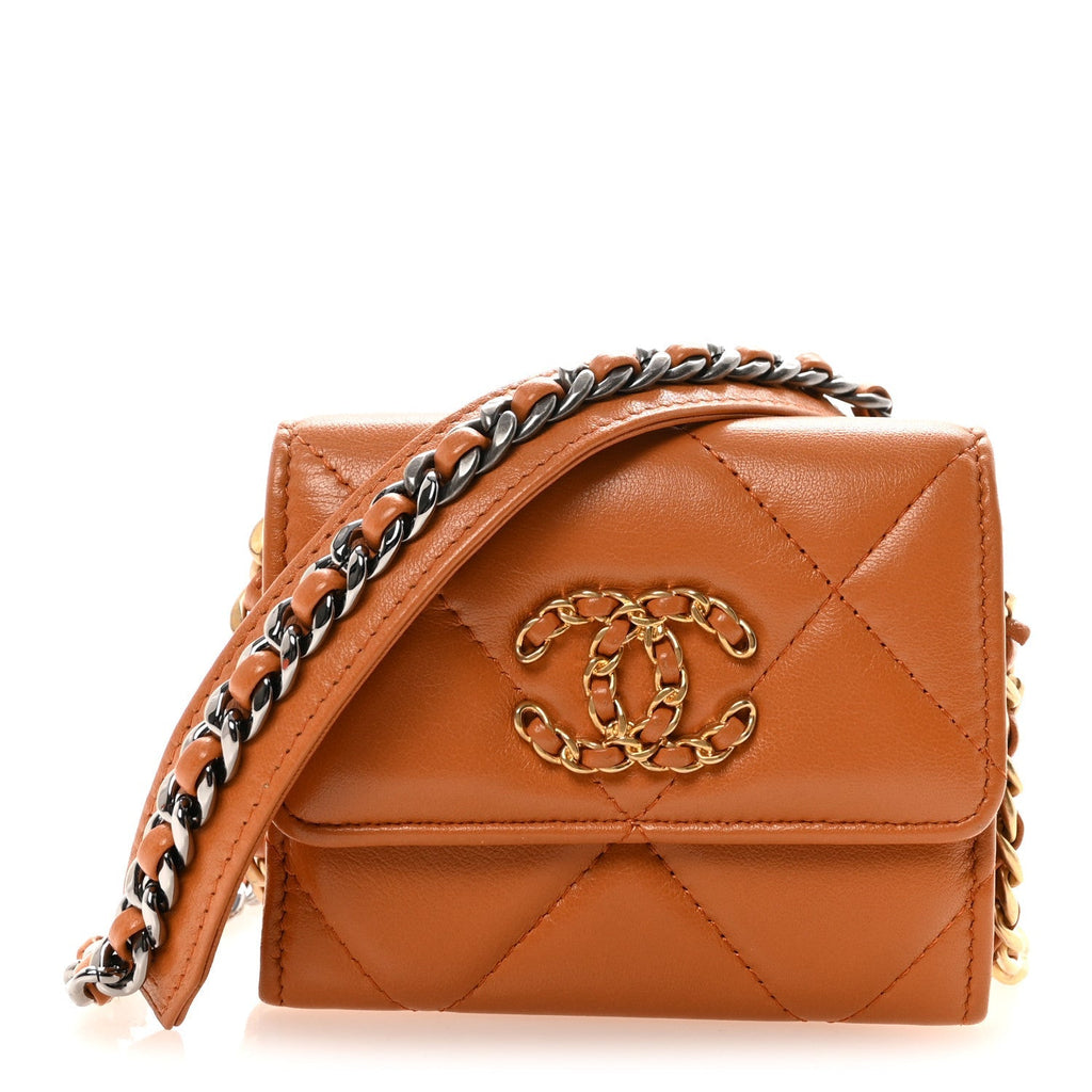 Lambskin Quilted Chanel 19 Flap Coin Purse With Chain Light Brown