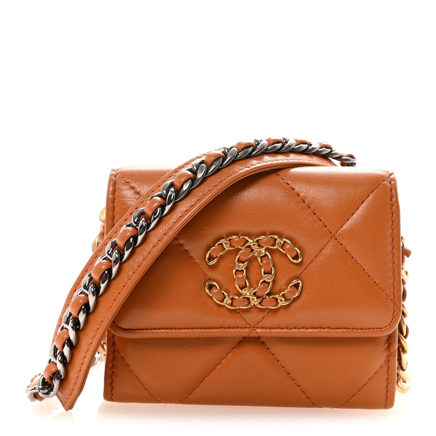 Lambskin Quilted Chanel 19 Flap Coin Purse With Chain Light Brown