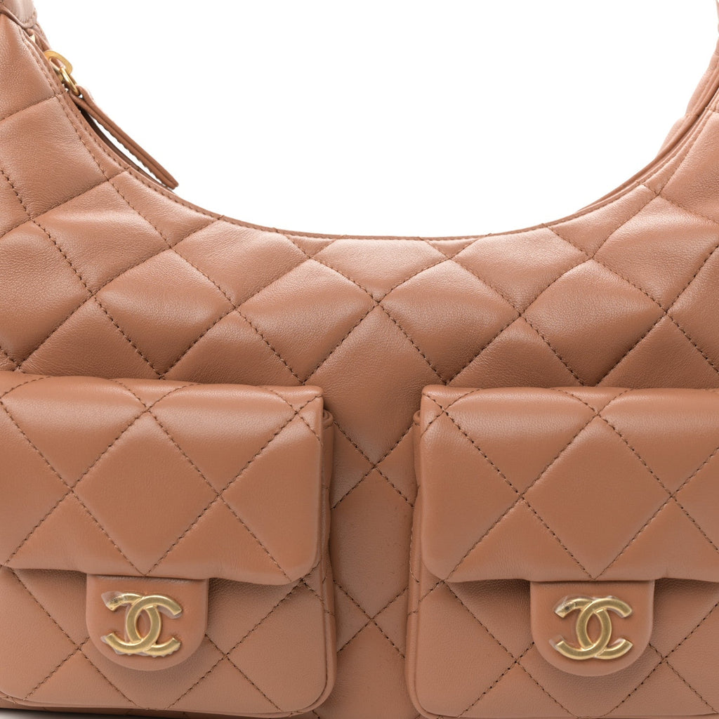 Shiny Lambskin Quilted Trendy Pockets Hobo Brown