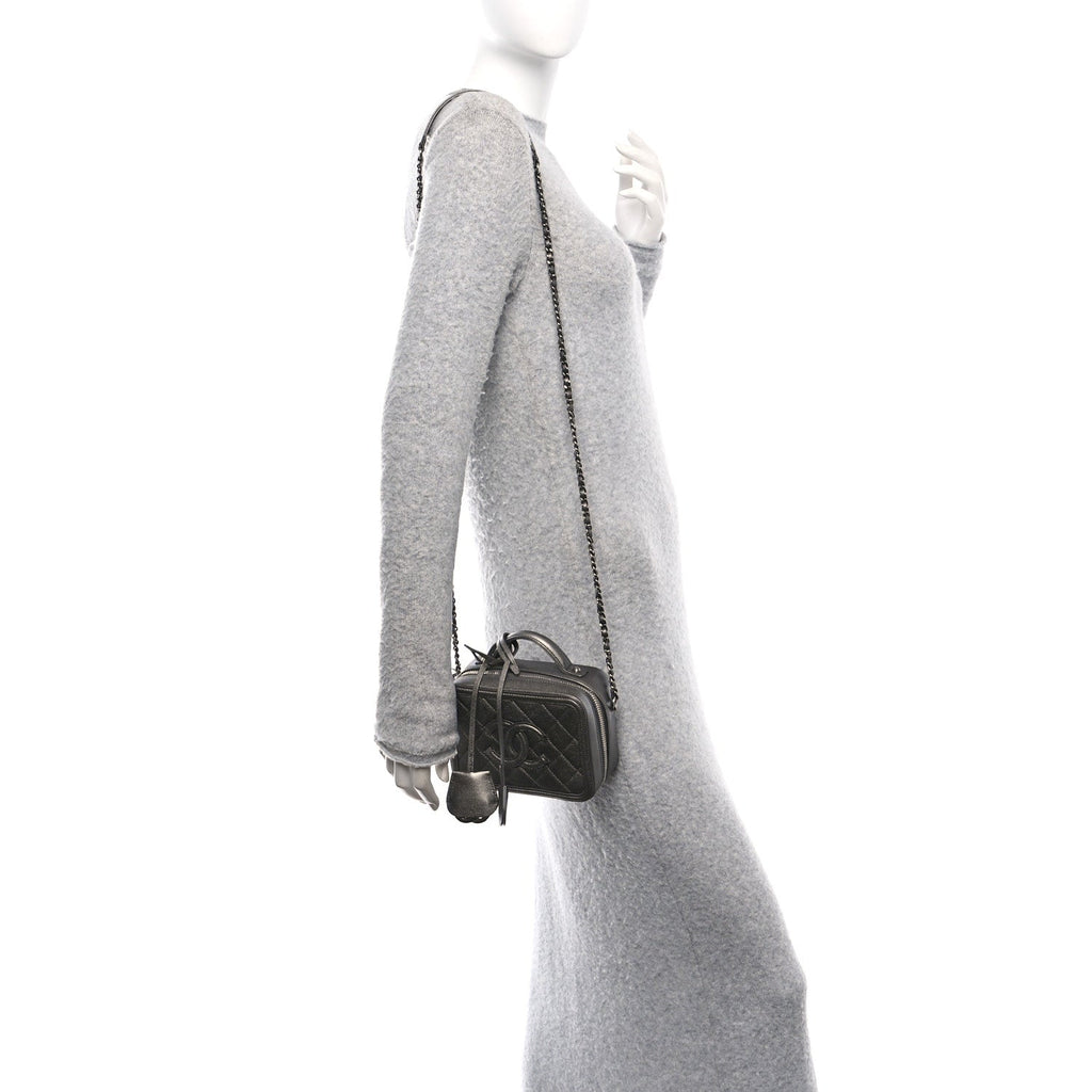 Metallic Caviar Quilted Small CC Filigree Vanity Case Dark Silver