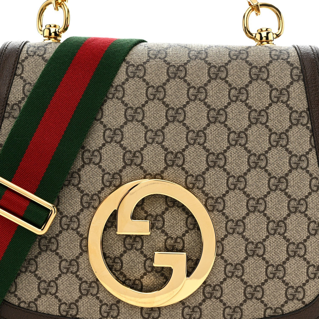 GG Supreme Monogram Textured Dollar Calfskin Web Medium Blondie Top Handle Shoulder Flap Bag Beige Ebony New Acero