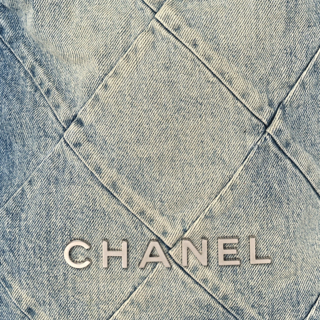 Denim Quilted Chanel 22 Backpack Blue