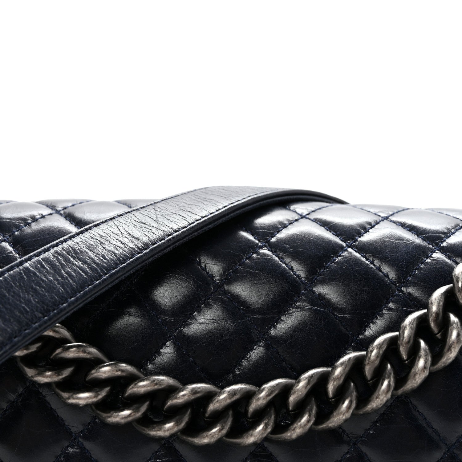 Glazed Calfskin Quilted Medium Boy Chained Flap Blue