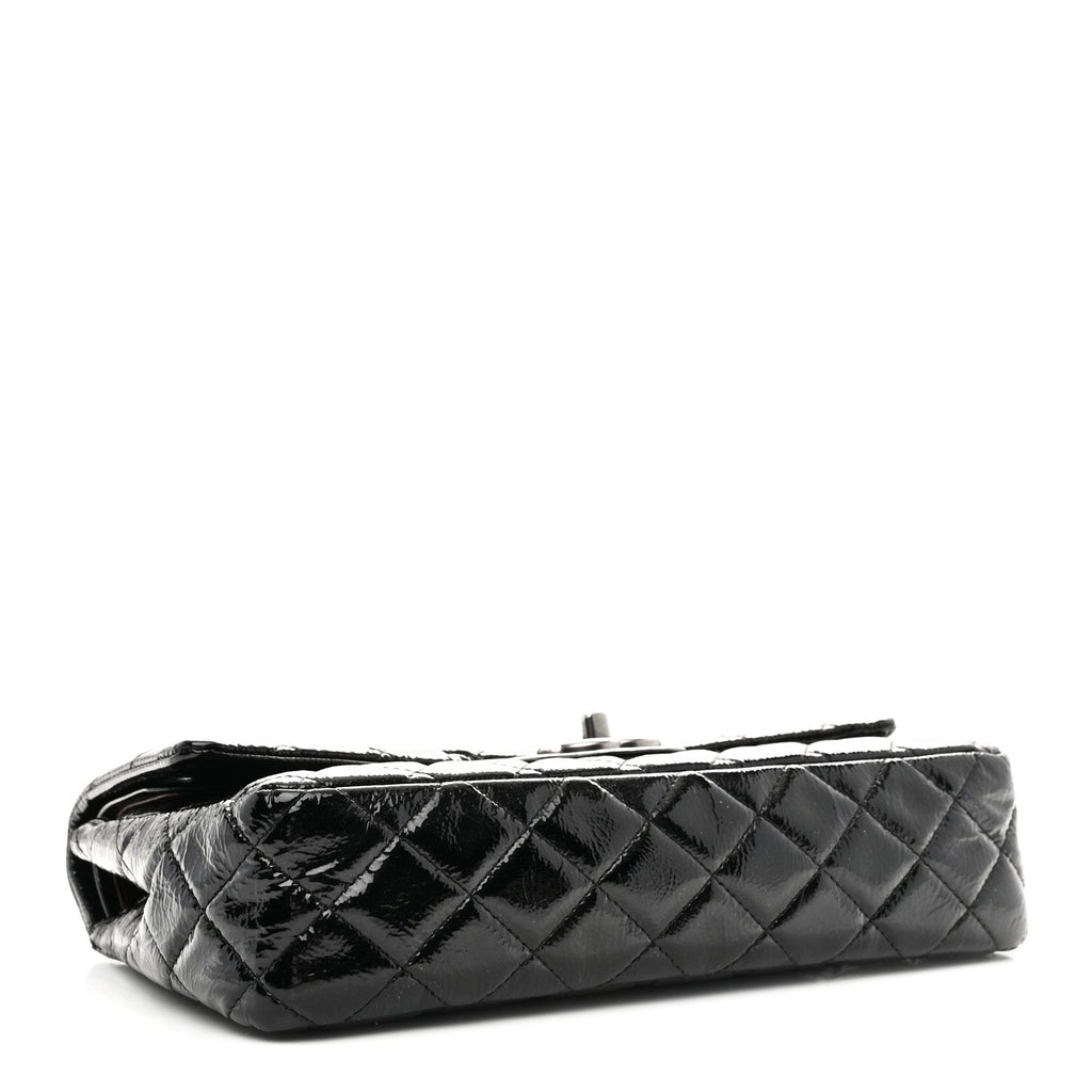 Distressed Patent Quilted Medium Double Flap Black
