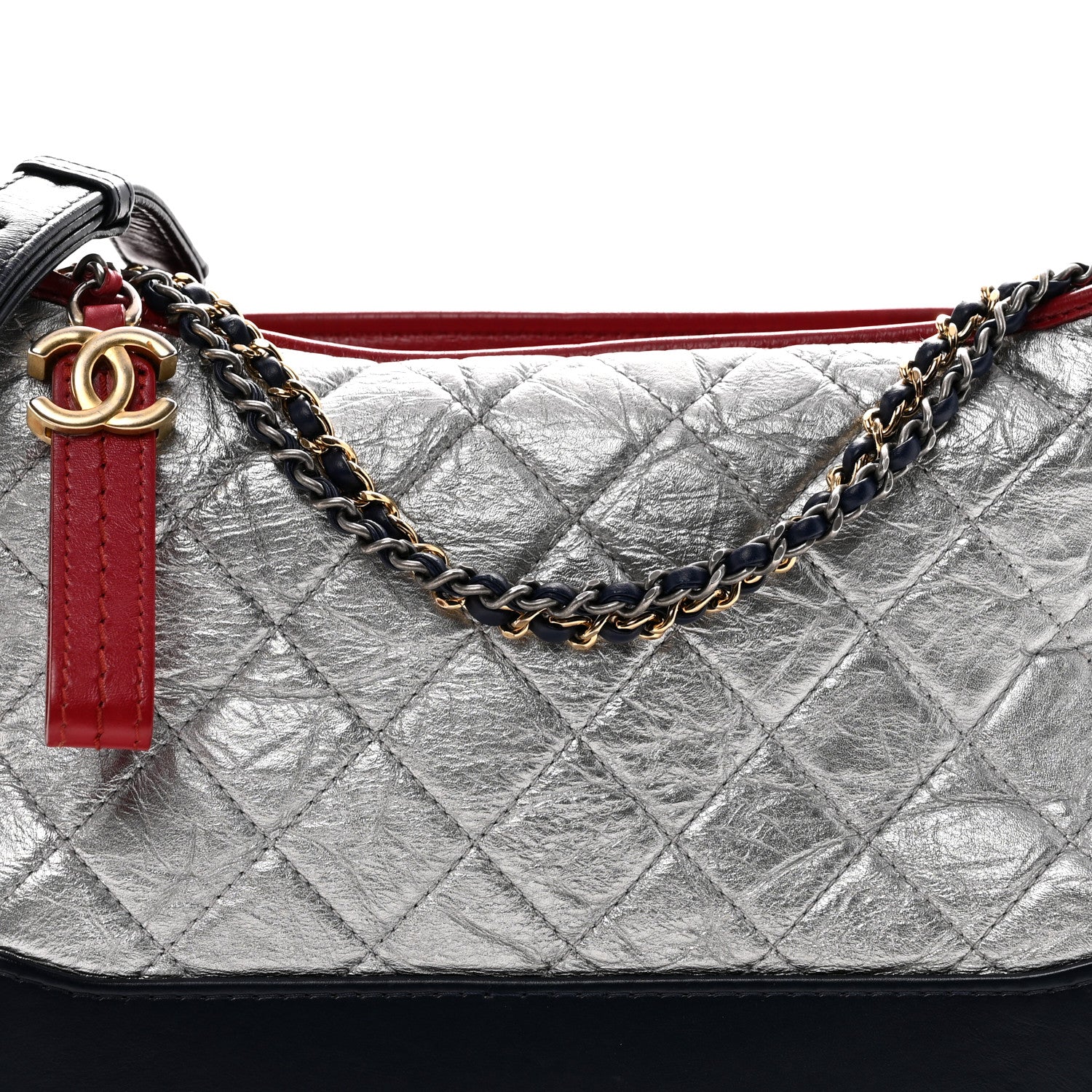 Metallic Aged Calfskin Quilted Medium Gabrielle Hobo Silver Navy Red