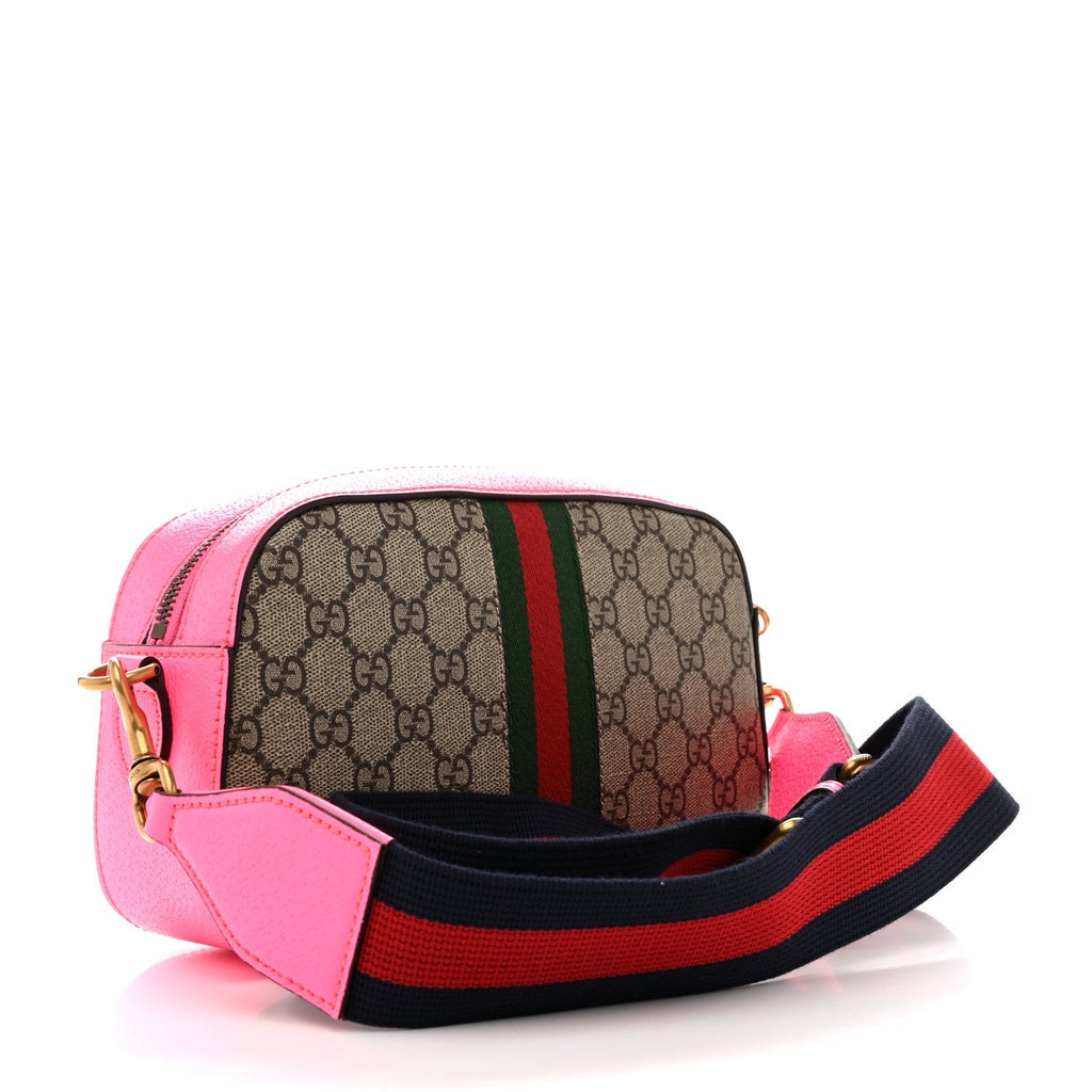 GG Supreme Monogram Textured Dollar Calfskin Web Ophidia Small Crossbody Bag Beige Ebony Fuchsia