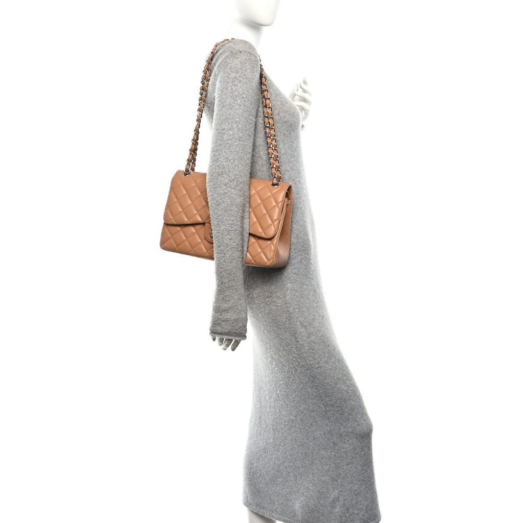Caviar Quilted Jumbo Double Flap Dark Beige