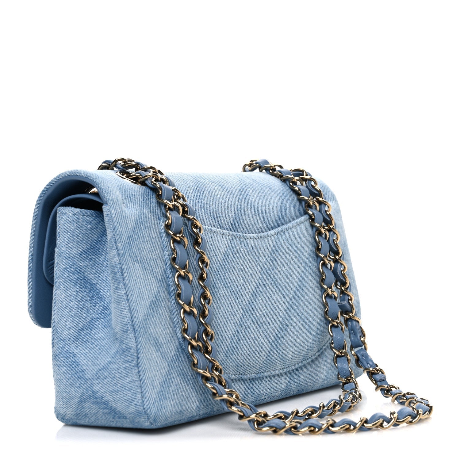 Printed Denim Quilted Small Double Flap Light Blue
