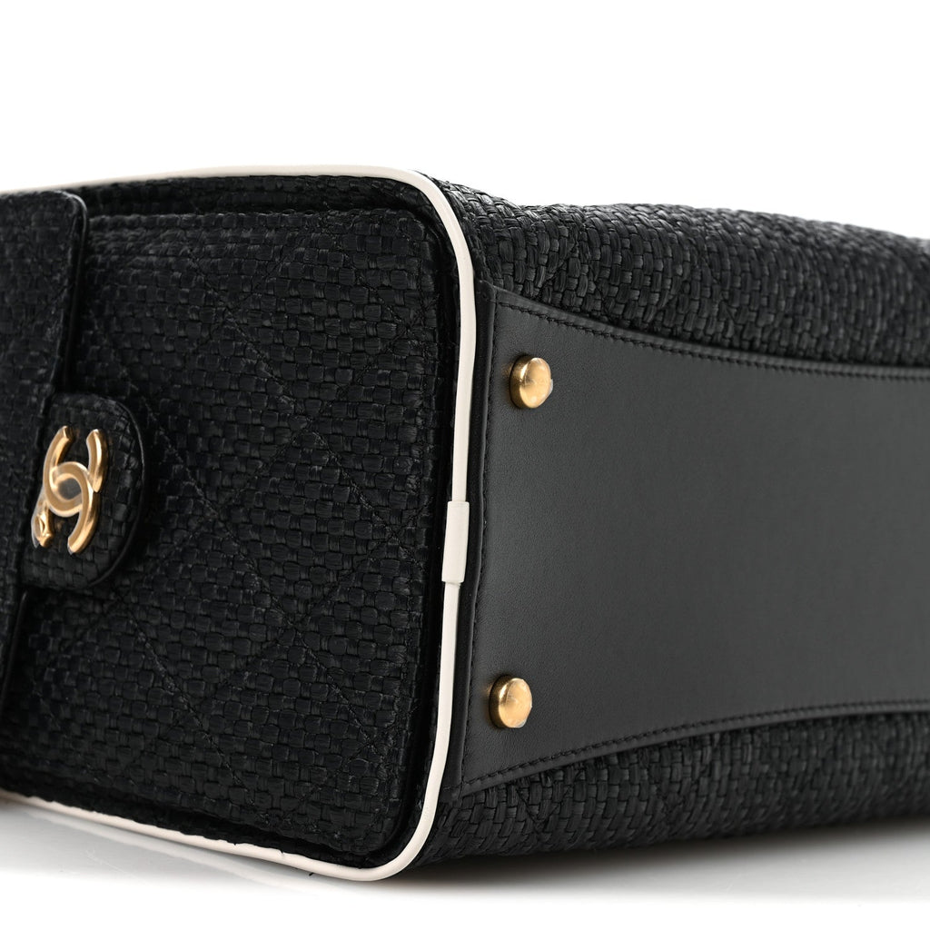 Braided Raffia Calfskin Small Chanel 25 Handbag Black White