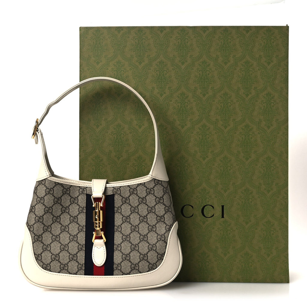 GG Supreme Monogram Azalea Calfskin Web Small Jackie 1961 Hobo Beige Ebony Mystic White