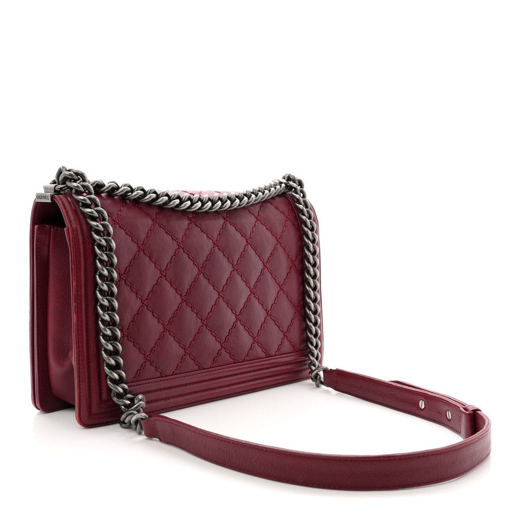 Calfskin Quilted Double Stitch New Medium Boy Flap Burgundy