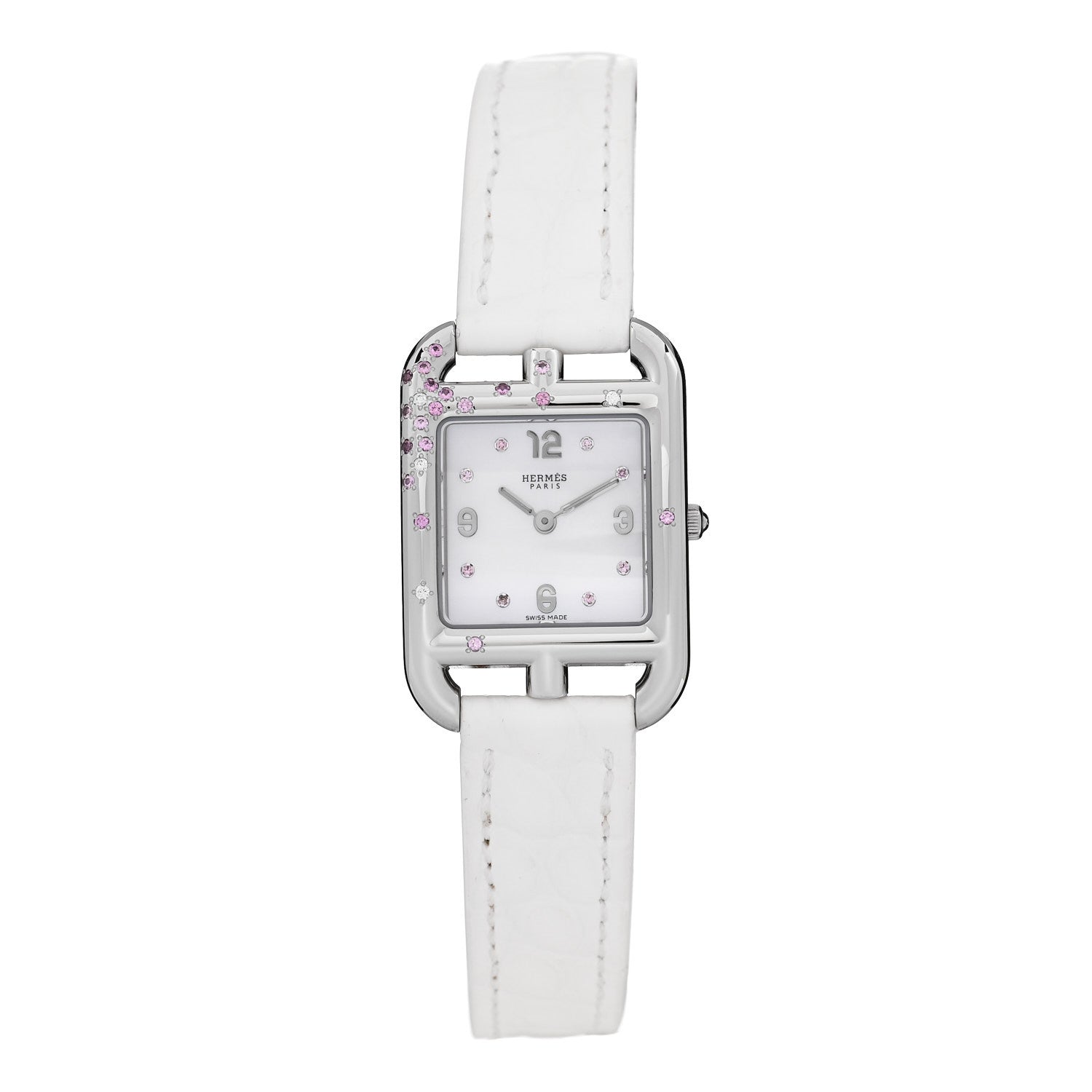 Stainless Steel Alligator Diamond Pink Sapphire Mother of Pearl 23mm Cape Cod Quartz Watch Blanc