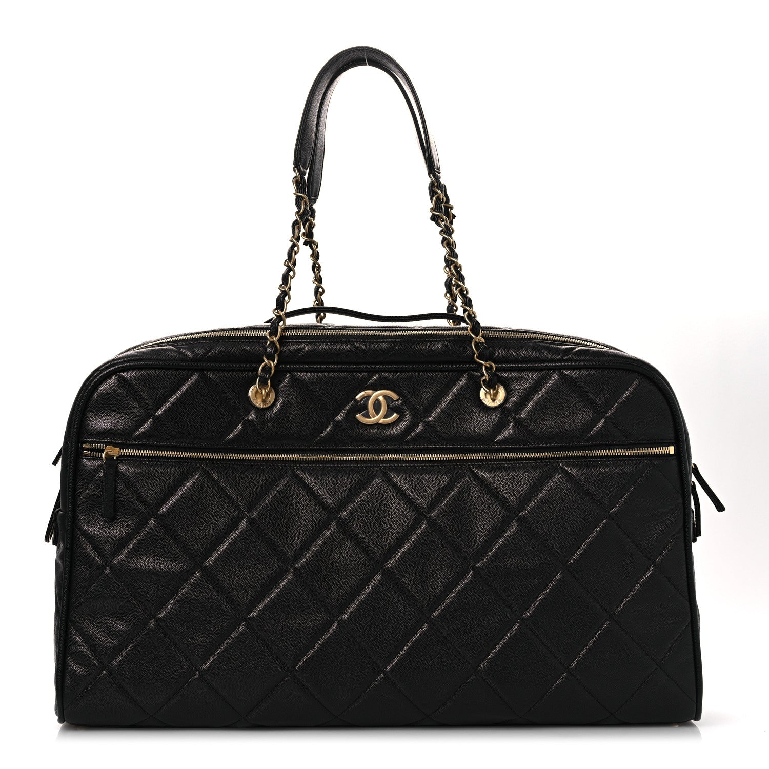 Shiny Grained Calfskin Quilted Large Travel Bowling Bag Black