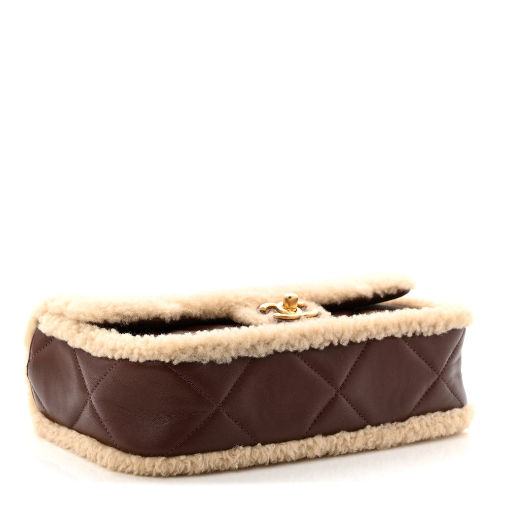 Shearling Lambskin Quilted Furry Coco Flap Dark Brown Beige