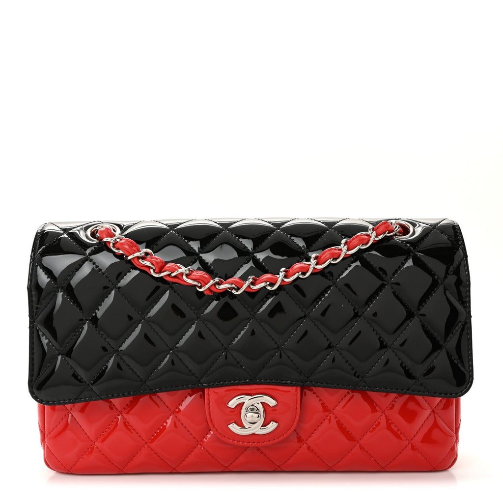 Patent Calfskin Quilted Bi-Color Medium Double Flap Black Red