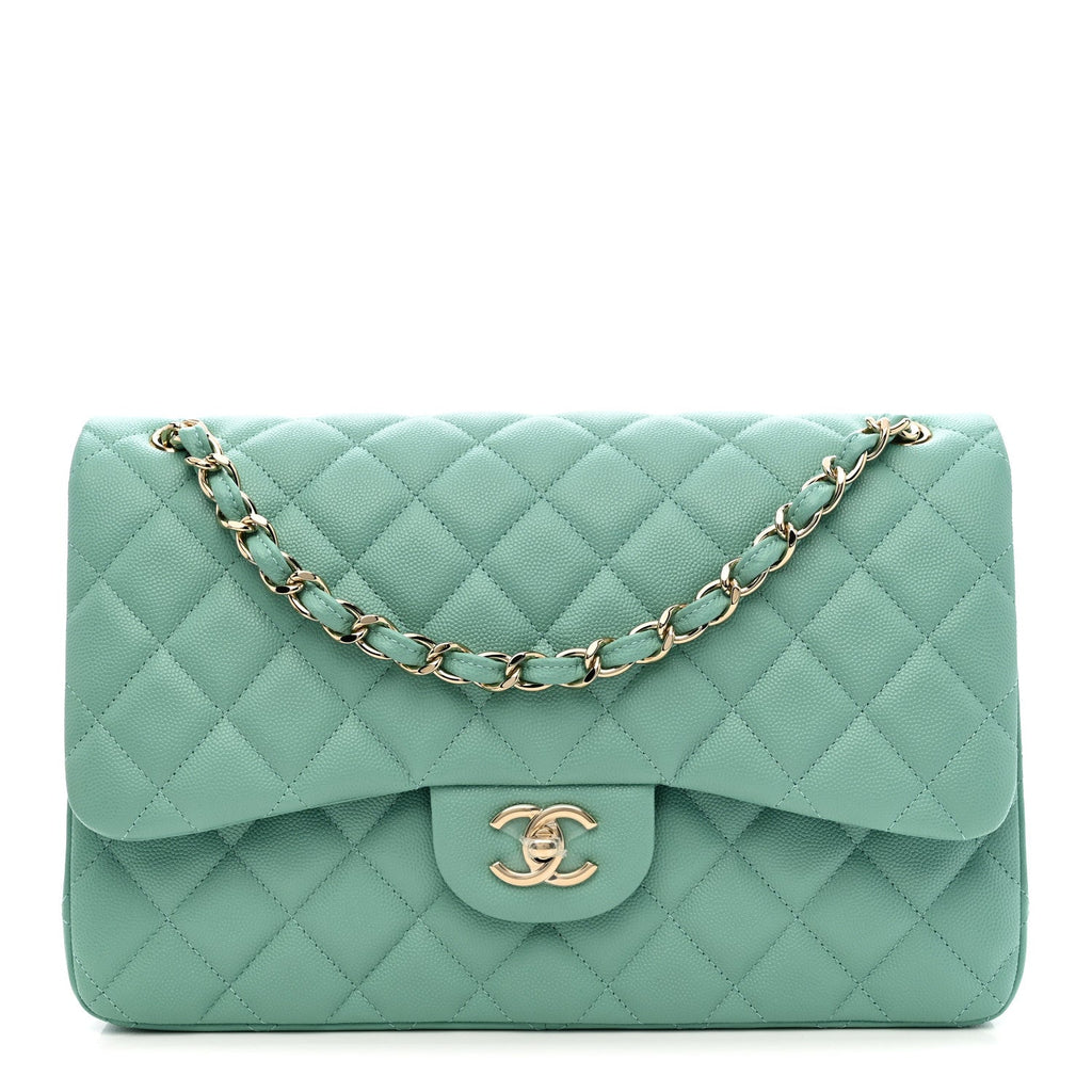 Caviar Quilted Jumbo Double Flap Light Green
