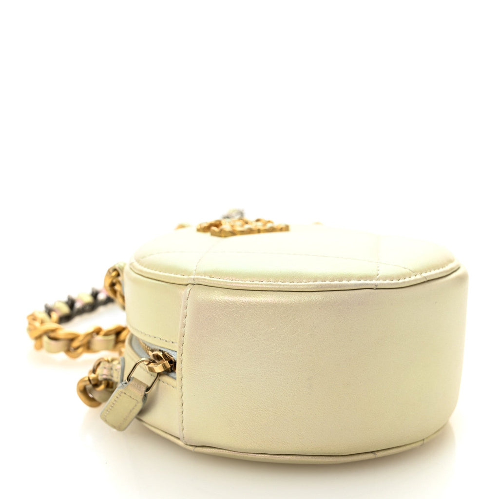 Iridescent Calfskin Quilted Chanel 19 Round Clutch With Chain White
