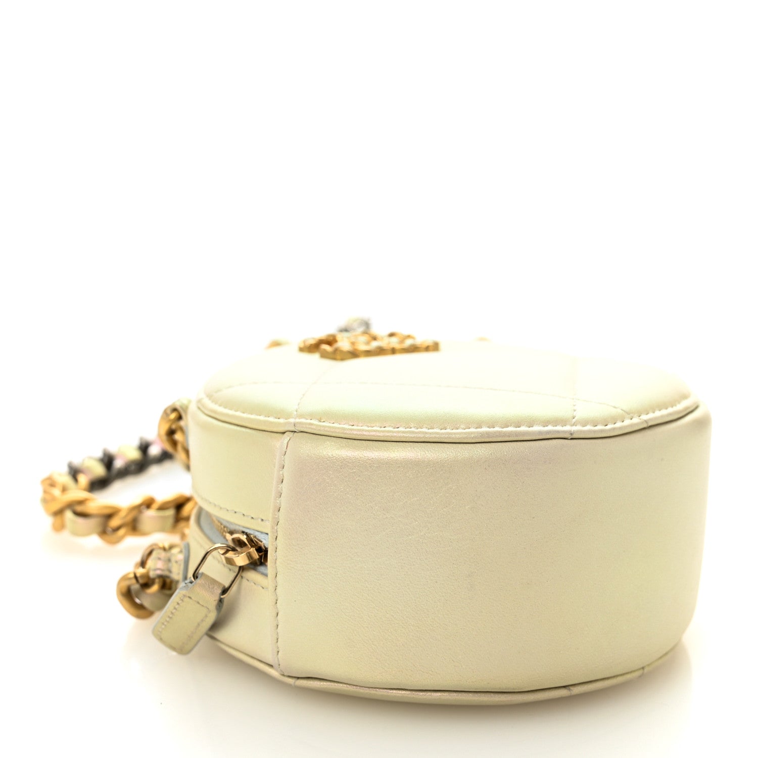 Iridescent Calfskin Quilted Chanel 19 Round Clutch With Chain White